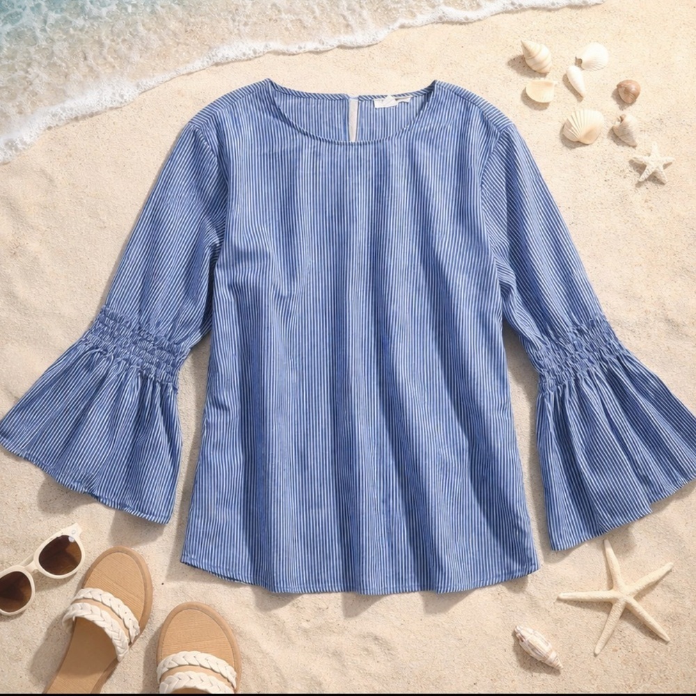 Beach Lunch Lounge Blue White Vertical Bell Sleeve Striped Lightweight Top XL